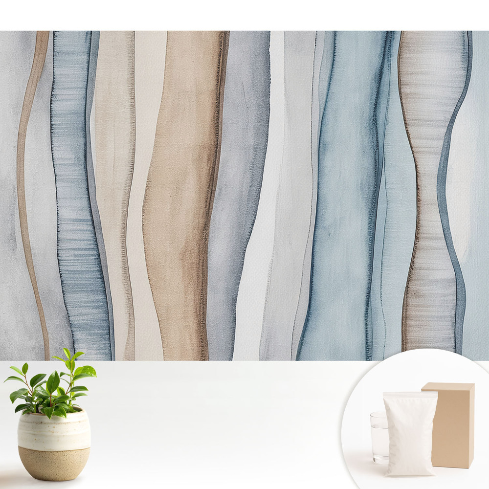 Tapeta na zeď s vertikálními vlnami v modrých a béžových pruzích