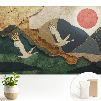 Tapeta s motivem jeřábů a malebné krajiny při rudém slunci