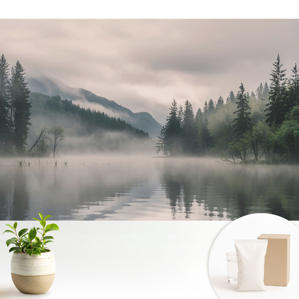 Tapeta na zeď s motivem mlhy nad jezerem mezi horami