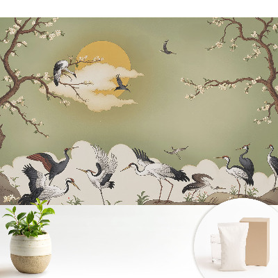 Tapeta do obývacího pokoje s motivem jeřábů a kvetoucích stromů
