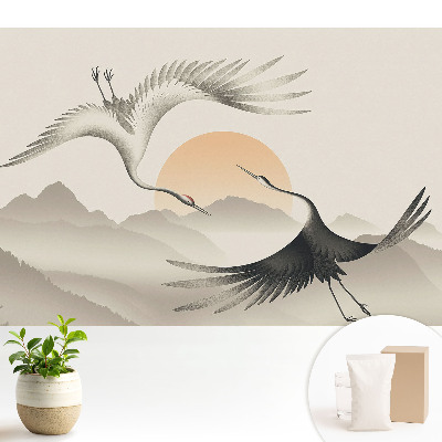 Tapeta na zeď „Jeřábi nad horami“ zobrazující přírodní motiv v harmonii
