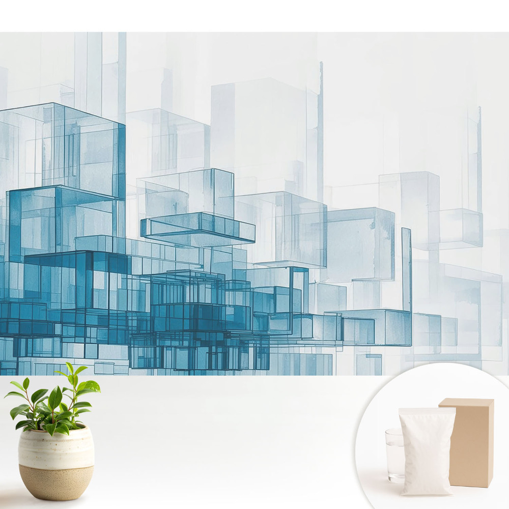 Tapeta s prostorovými modrými kostkami v moderním designu