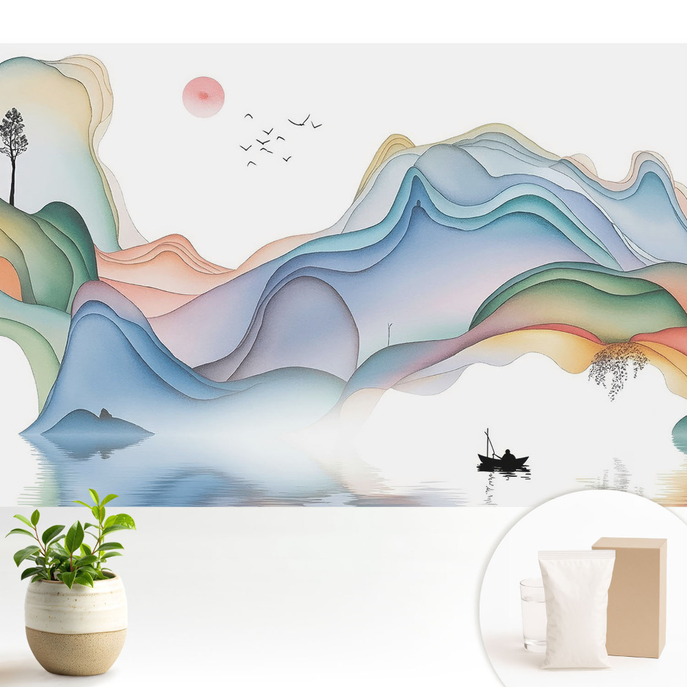 Tapeta na zeď s motivem pastelové krajiny a zvlněnými horami