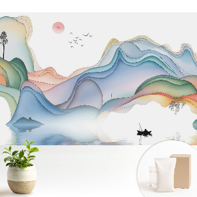Tapeta na zeď s motivem pastelové krajiny a zvlněnými horami