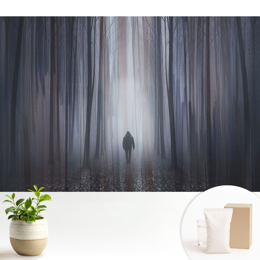 Tapeta do obývacího pokoje s motivem osamělé postavy v tajemném lese