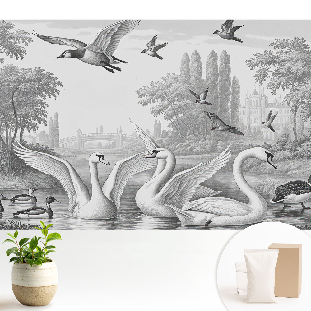 Samolepící tapeta s motivem romantické krajiny s labutěmi