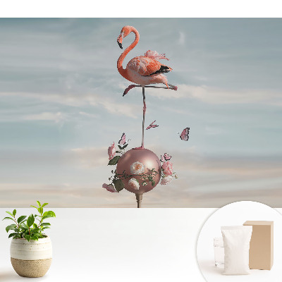 Samolepící tapeta Plameňák s květinami a motýly