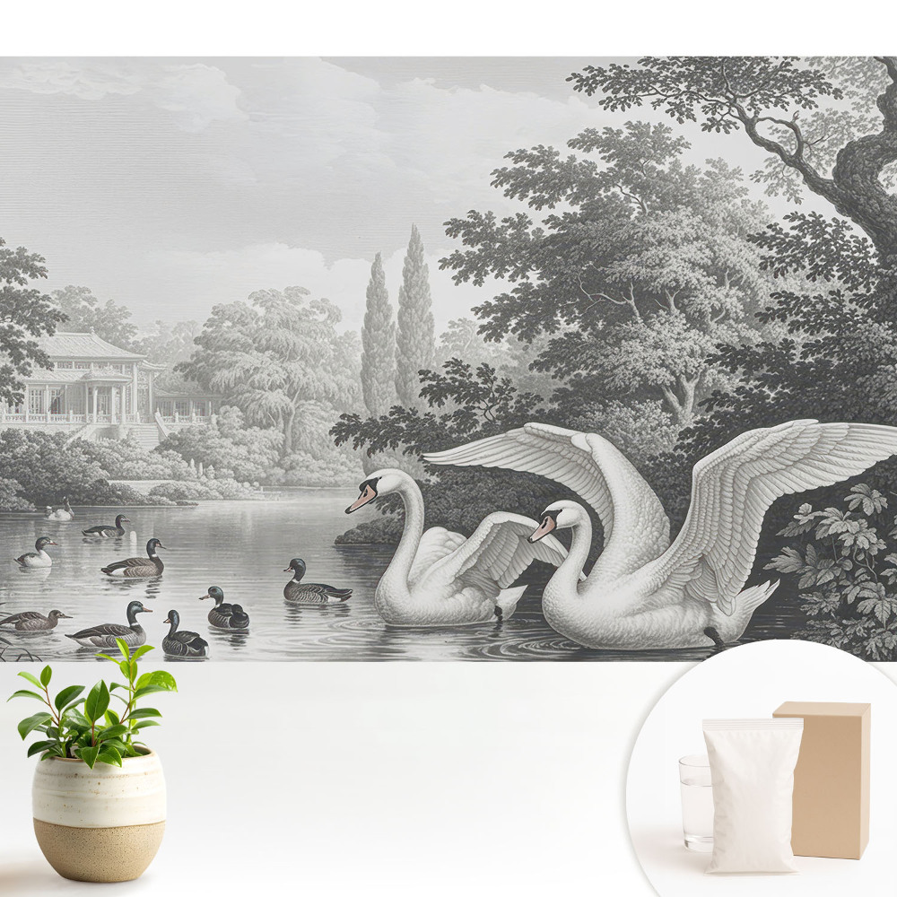 Tapeta do obýváku s motivem jezera s labutěmi a kachnami v klasickém stylu