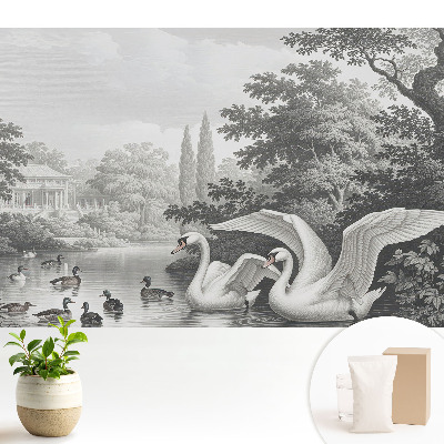 Tapeta do obýváku s motivem jezera s labutěmi a kachnami v klasickém stylu