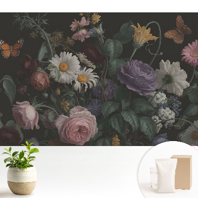 Samolepící tapeta Květinová kytice s motýly na tmavém pozadí