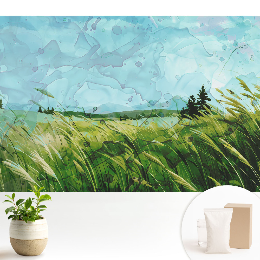 Tapeta do obývacího pokoje s motivem rustikální louky v akvarelu