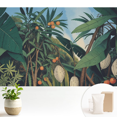 Tapeta do obývacího pokoje s motivem exotických listů a plodů v tropickém stylu