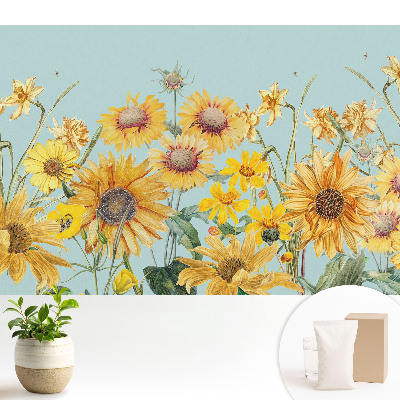 Tapeta do obyvaku Rustikální slunečnice a květiny na modré