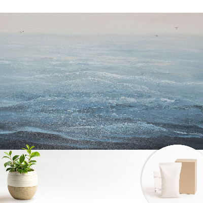 Tapeta do obývacího pokoje s motivem modrých vln a ptáků