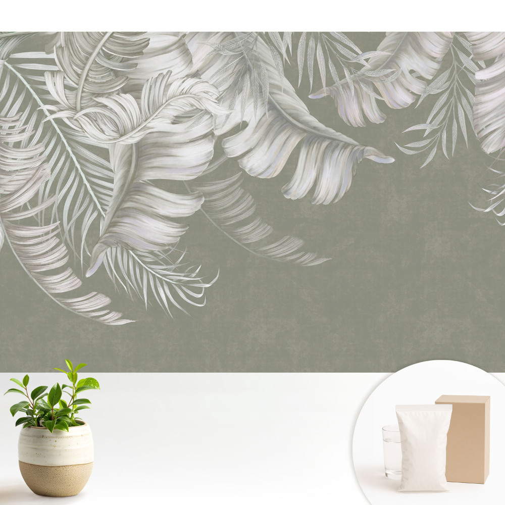 Tapeta s jemným motivem tropických listů na šedém pozadí