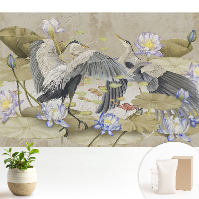 Tapeta s motivem jeřábů a leknínů v klasickém stylu