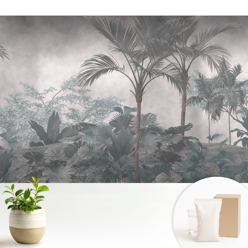 Tapeta do obývacího pokoje s motivem tropické džungle v odstínech šedé