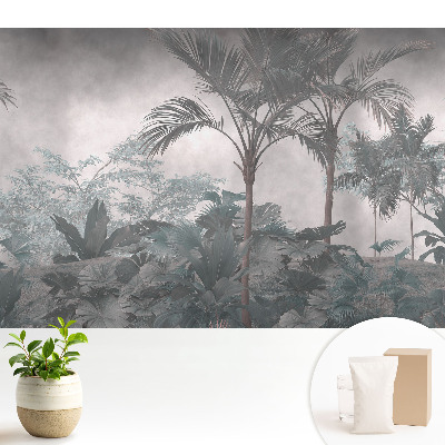 Tapeta do obývacího pokoje s motivem tropické džungle v odstínech šedé