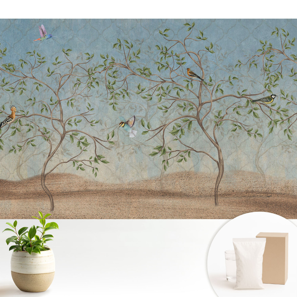 Tapeta s motivem barevných ptáků na stromě v tlumené atmosféře