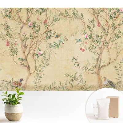 Tapeta do obývacího pokoje s elegantním stromem, květinami a ptáky