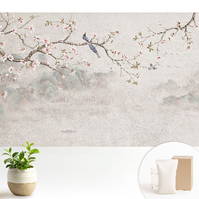 Tapeta na zeď Křehké květiny a ptáci na pozadí hor