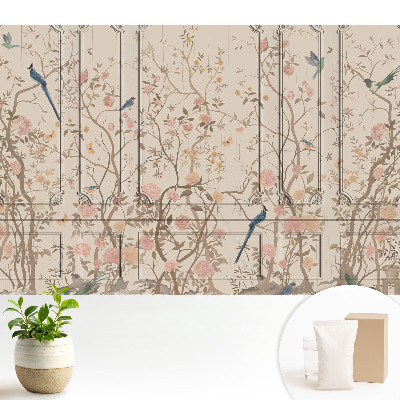 Samolepící tapeta Ptáci a růže na pozadí panelů