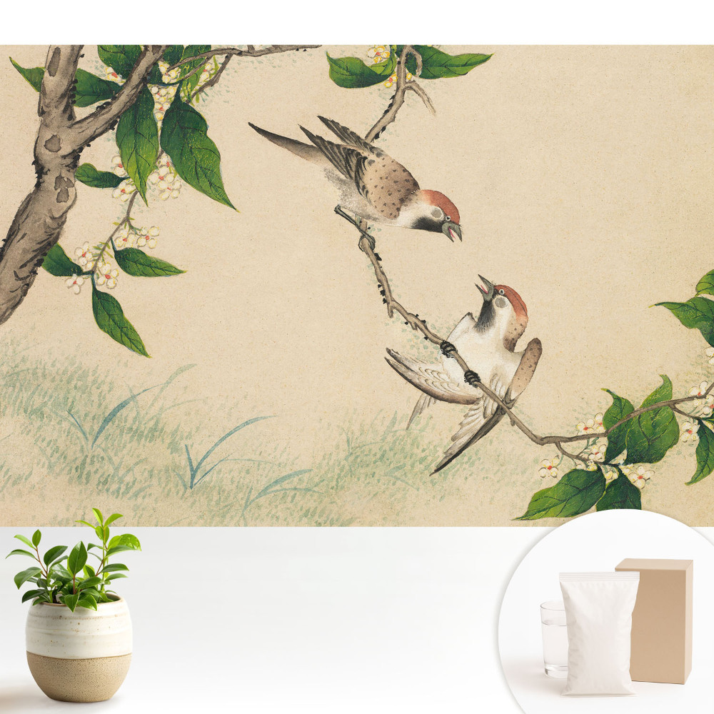 Tapeta s motivem ptáků na větvi v klasickém stylu