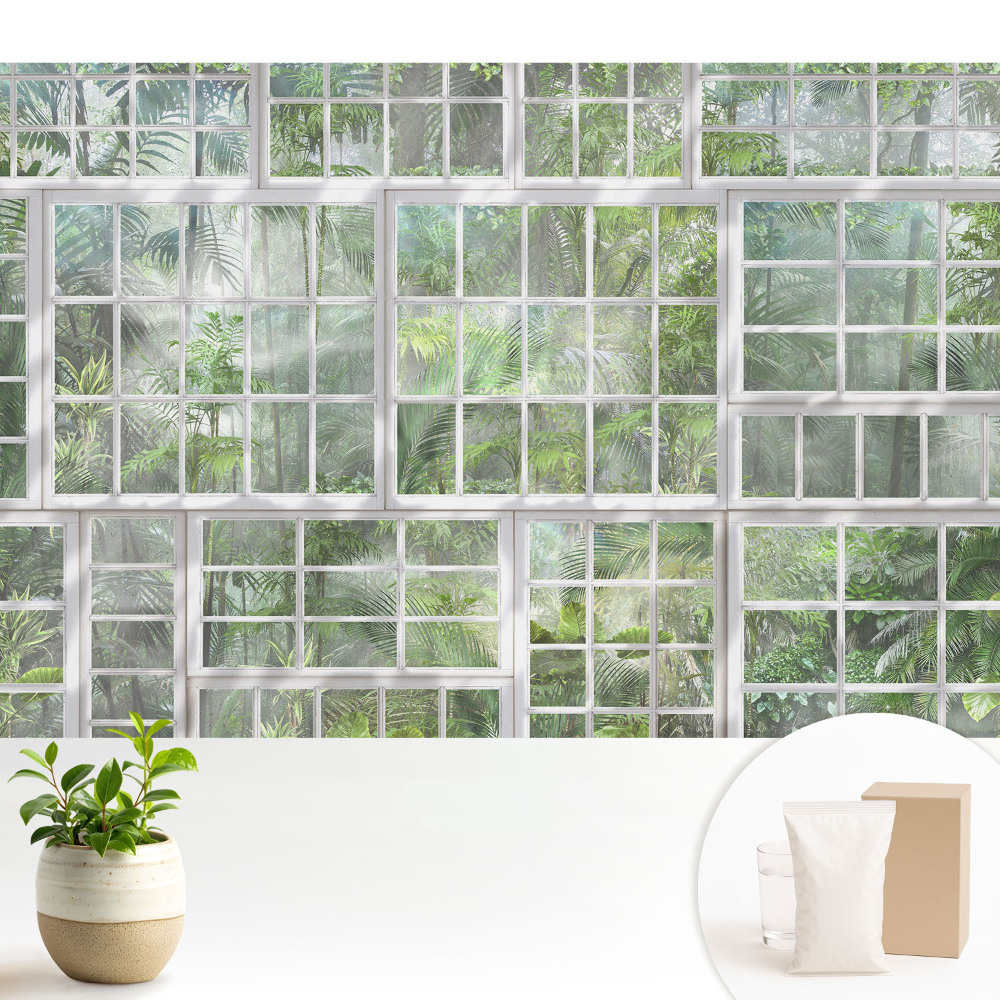 Tapeta do obývacího pokoje s motivem zelené džungle za bílými okny