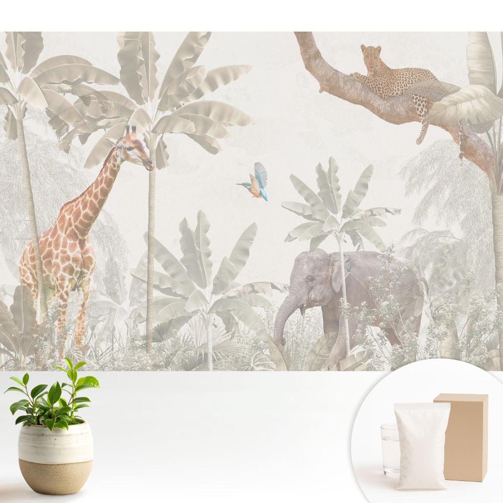 Tapeta s motivem exotické fauny a flóry v pastelových tónech