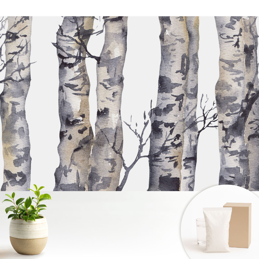 Tapeta do obývacího pokoje se vzorem šedých osikových kmenů v akvarelovém provedení