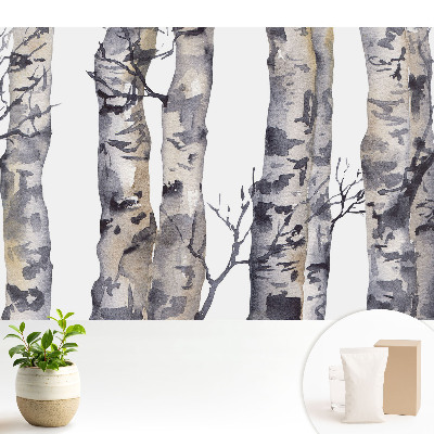 Tapeta do obývacího pokoje se vzorem šedých osikových kmenů v akvarelovém provedení