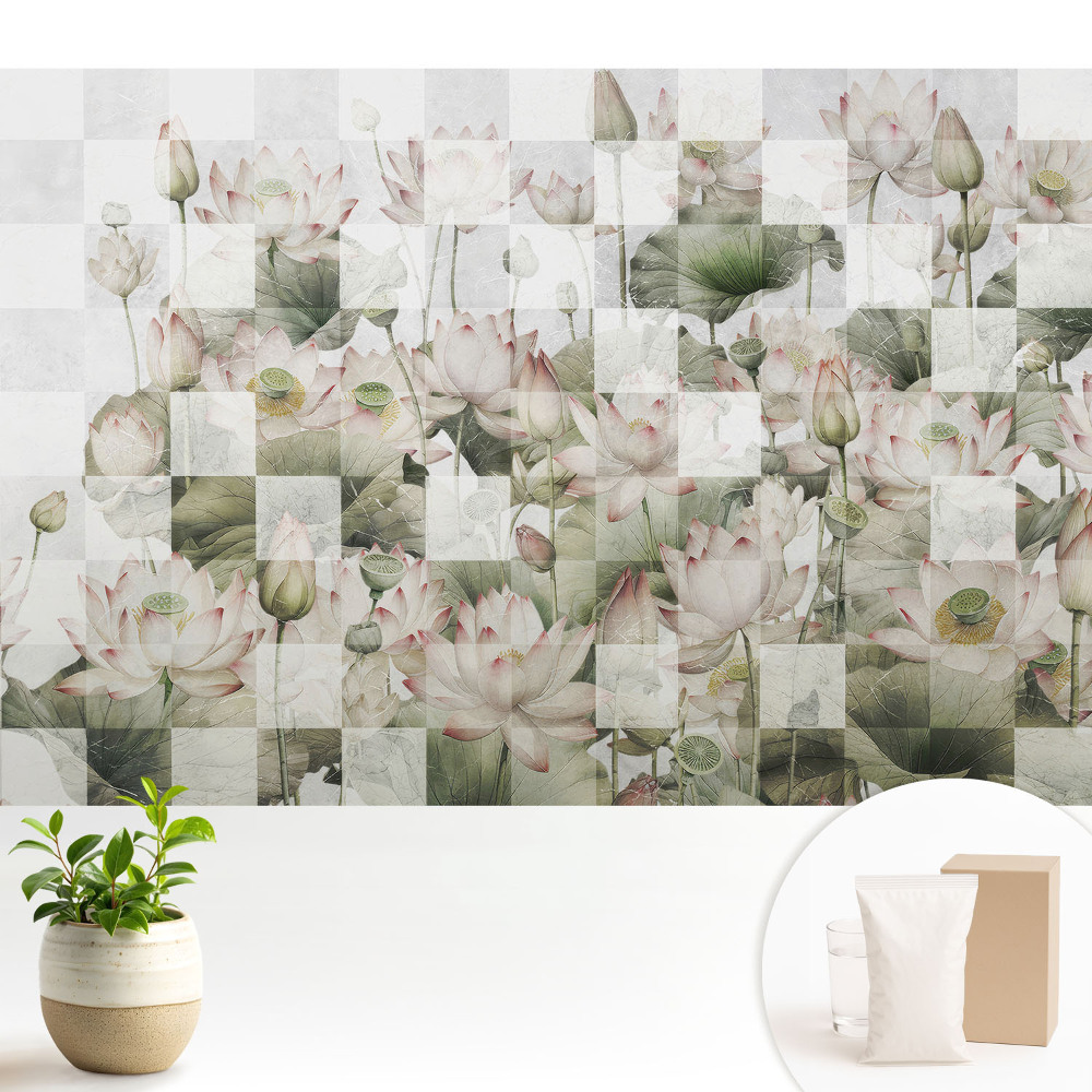 Tapeta s motivem lotosových květů a geometrickými vzory