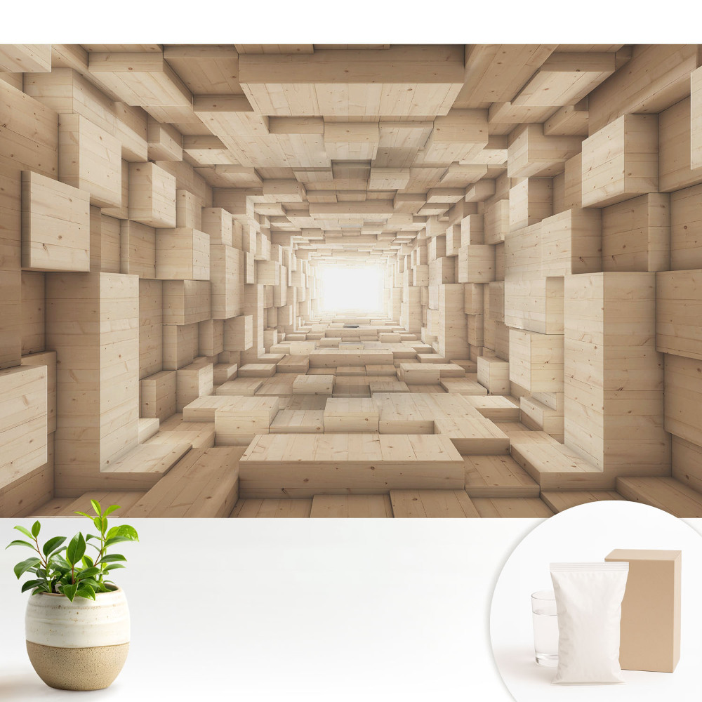 Tapeta do obývacího pokoje s motivem prostorového dřevěného rytmického tunelu