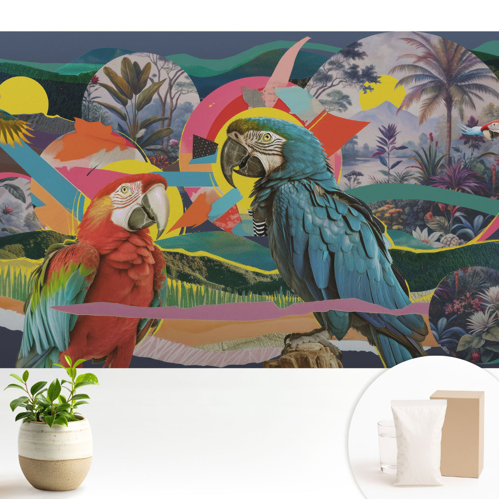 Tapeta do obývacího pokoje s barevnými papoušky v tropickém motivu