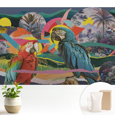 Tapeta do obývacího pokoje s barevnými papoušky v tropickém motivu