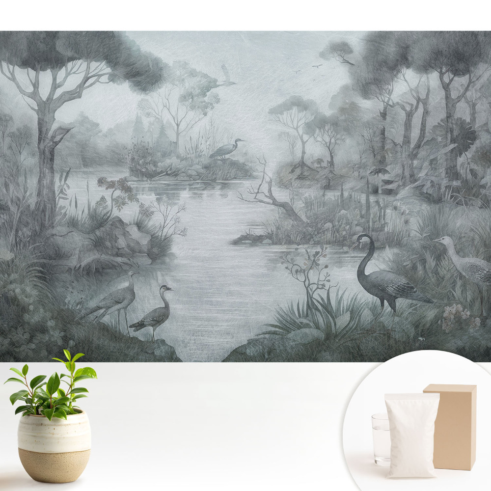 Tapeta do obývacího pokoje s motivem tajemné lesní krajiny u jezera