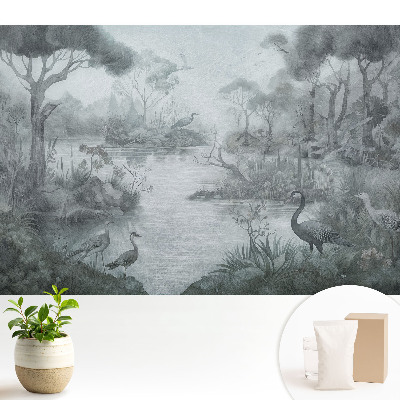 Tapeta do obývacího pokoje s motivem tajemné lesní krajiny u jezera