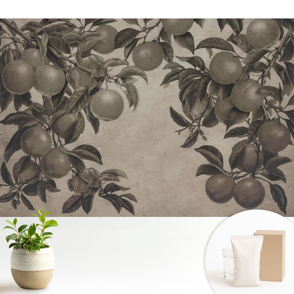 Tapeta na zeď s monochromatickým retro motivem ovocných listů