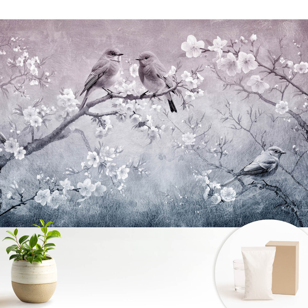 Tapeta s motivem ptáků na květinových větvích