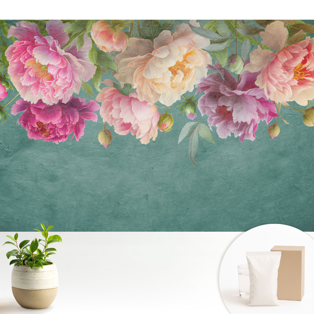 Tapeta do obývacího pokoje s barevnými pivoňkami na akvarelové textuře
