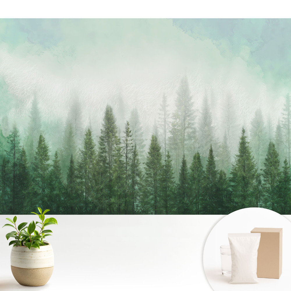 Tapeta na zeď s motivem lesní krajiny a obrysem vlka