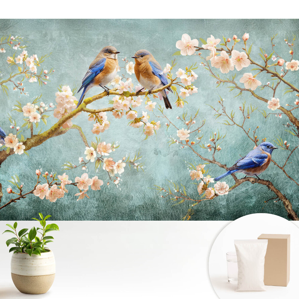 Samolepící tapeta s motivem ptáků na kvetoucích větvích v pastelových barvách