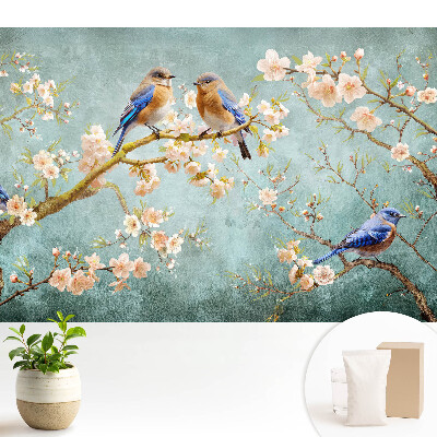 Samolepící tapeta s motivem ptáků na kvetoucích větvích v pastelových barvách