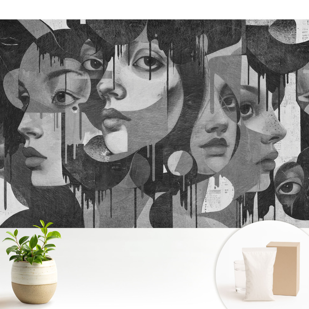 Tapeta do obývacího pokoje s abstraktními portréty ženských tváří