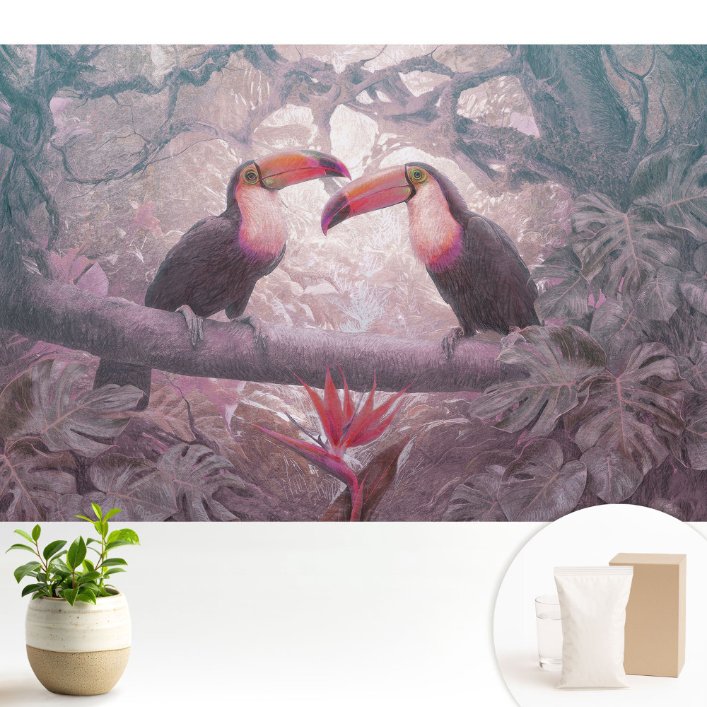 Samolepící tapeta s motivem barevných tukanů v tropické džungli