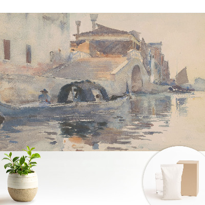Tapeta s akvarelovou scenérií Benátek v odstínech modré a zelené