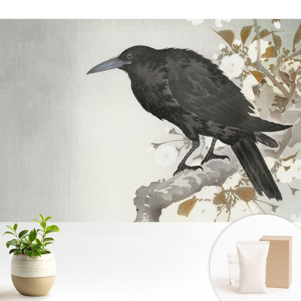 Tapeta do obýváku s jemným havranem na pozadí kvetoucích větví