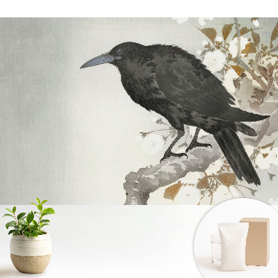 Tapeta do obyvaku Jemný havran na pozadí kvetoucích větví