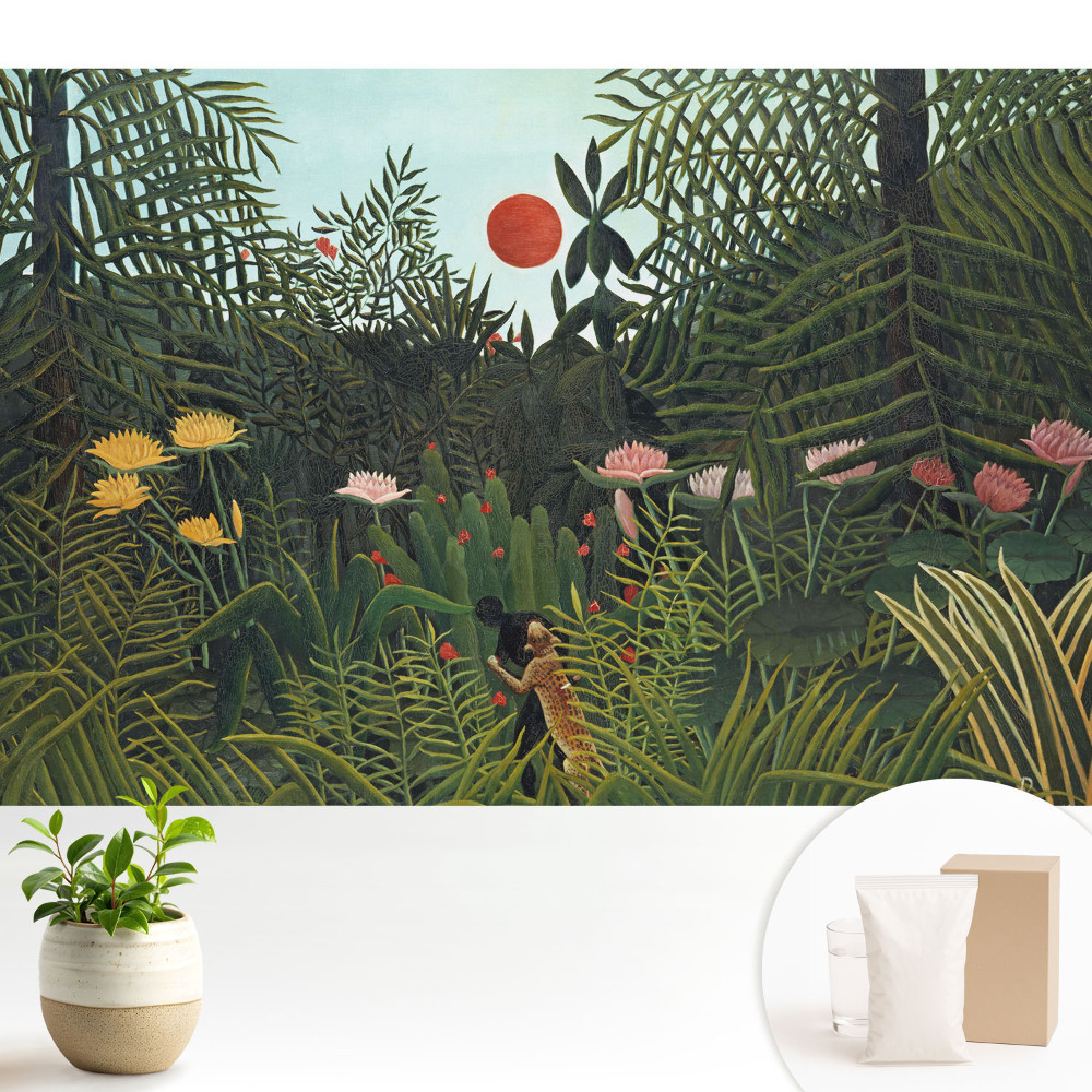 Tapeta do obývacího pokoje s motivem tropické džungle a rudého slunce
