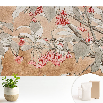 Tapeta s jemnými květy a listy v tlumených barvách